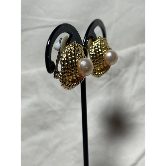 Gold Tone Knot Rope Faux Pearl Clip-On Earrings - Picture 6 of 13